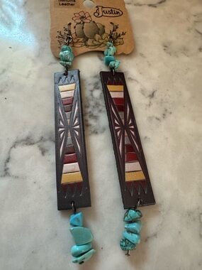 Justin Turquoise & Inlay Leather Boho Dangle Earrings